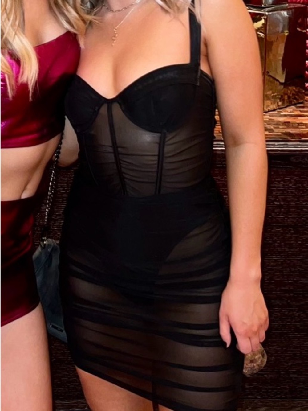 Oh Polly Black Mesh Ruched Corset Mini Dress US 2